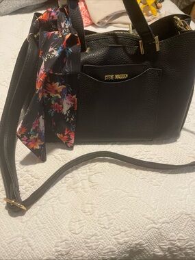 Steve Madden Black Pebbled Faux Leather Shoulder Tote with Floral Scarf Accent